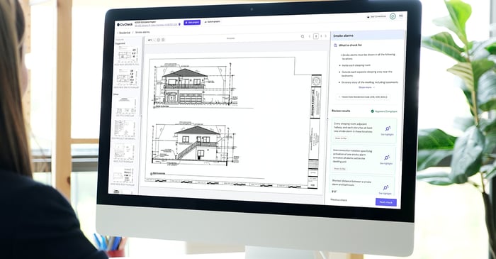 CivCheck AI plan review software showing plan set and code compliance checklist on reviewer's screen
