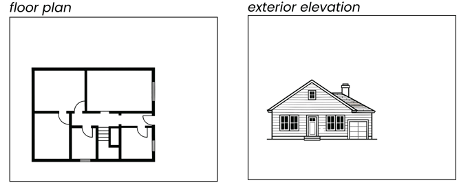 Basic floor plan and exterior elevation drawings