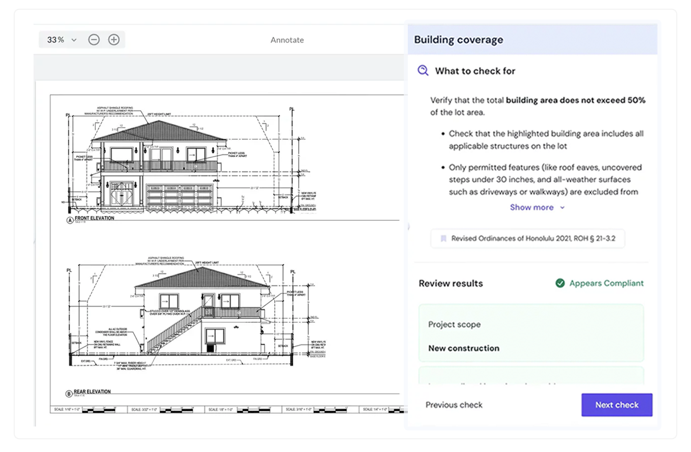 CivCheck guided AI code compliance — staff review interface showing what to check for and code references